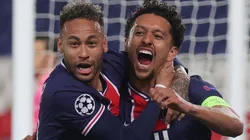 Marquinhos (right) of Paris Saint-Germain celebrates with Neymar (left). (Getty)