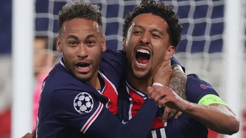 Marquinhos (right) of Paris Saint-Germain celebrates with Neymar (left). (Getty)