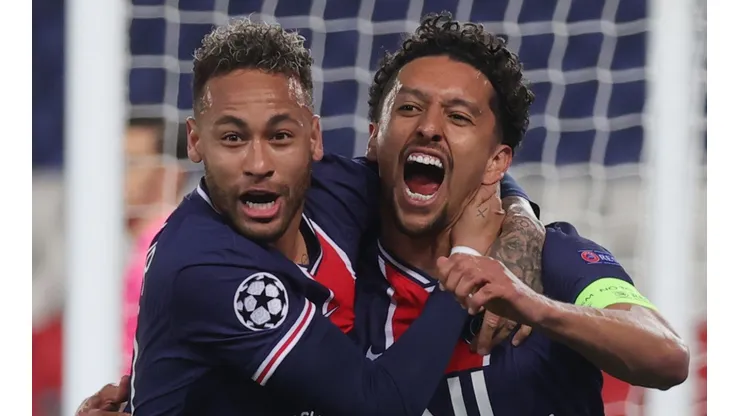 Marquinhos (right) of Paris Saint-Germain celebrates with Neymar (left). (Getty)