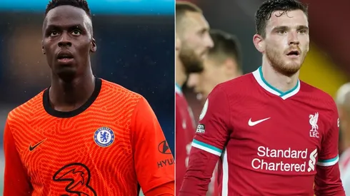 Edouard Mendy of Chelsea (left) and Andrew Robertson of Liverpool (right). (Getty)