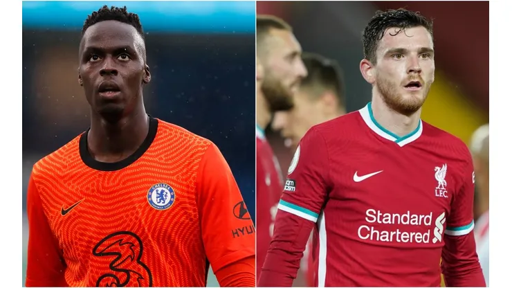 Edouard Mendy of Chelsea (left) and Andrew Robertson of Liverpool (right). (Getty)