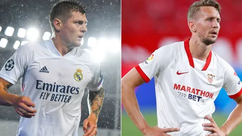Toni Kroos of Real Madrid (left) and Luuk de Jong of Sevilla (right). (Getty)