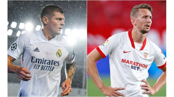 Toni Kroos of Real Madrid (left) and Luuk de Jong of Sevilla (right). (Getty)