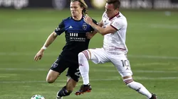 Florian Jungwirth (left) of San Jose Earthquakes tries to get the ball from Corey Baird (right) of Real Salt Lake. (Getty)