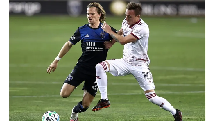 Florian Jungwirth (left) of San Jose Earthquakes tries to get the ball from Corey Baird (right) of Real Salt Lake. (Getty)