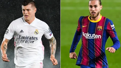 Toni Kroos of Real Madrid (left) and Oscar Mingueza of Barcelona (right). (Getty)