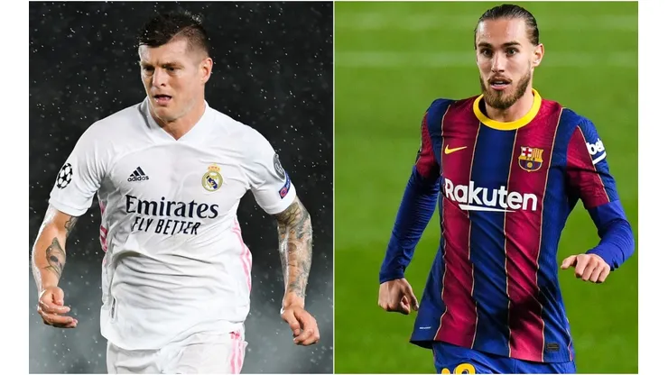 Toni Kroos of Real Madrid (left) and Oscar Mingueza of Barcelona (right). (Getty)