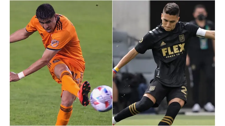 Marcelo Palomino (left) of Houston Dynamo FC and Eduard Atuesta (right) of Los Angeles FC. (Getty)
