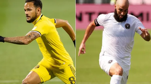 Artur (left) of Columbus Crew and Gonzalo Higuain (right) of Inter Miami. (Getty)