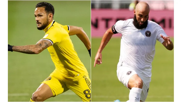 Artur (left) of Columbus Crew and Gonzalo Higuain (right) of Inter Miami. (Getty)