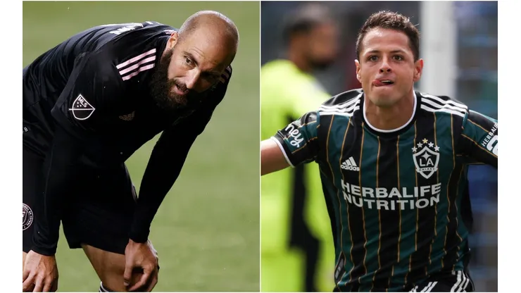 Gonzalo Higuain (left) of Inter Miami and Javier Hernandez (right) of Los Angeles Galaxy. (Getty)