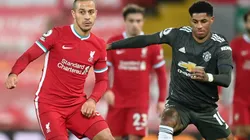 Thiago Alcantara of Liverpool (left) battles for possession with Marcus Rashford of Manchester United (right). (Getty)