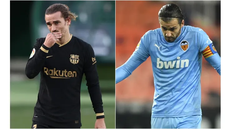 Antoine Griezmann of Barcelona (left) and Jaume Domenech of Valencia (right). (Getty)