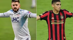 Kelyn Rowe (left) of New England Revolution and Emerson Hyndman (right) of Atlanta United FC. (Getty)