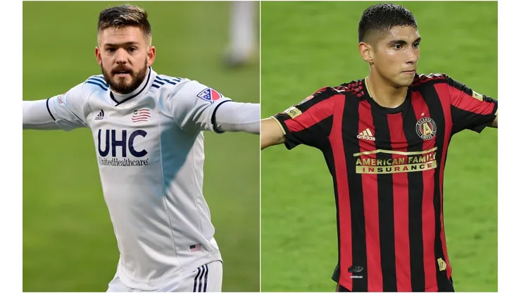 Kelyn Rowe (left) of New England Revolution and Emerson Hyndman (right) of Atlanta United FC. (Getty)