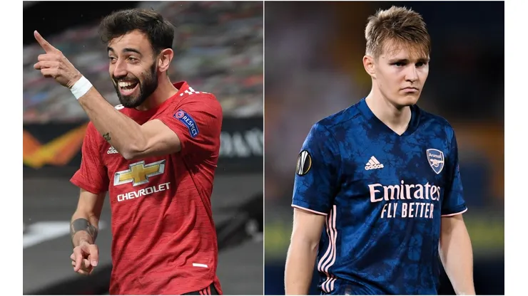 Bruno Fernandes of Manchester United (left) and Martin Odegaard of Arsenal (right). (Getty)