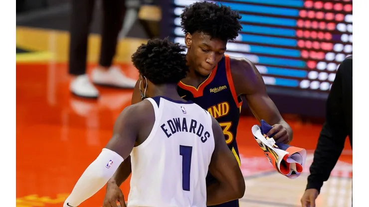 Anthony Edwards (left) of the Minnesota Timberwolves and James Wiseman (right) of the Golden State Warriors. (Getty)