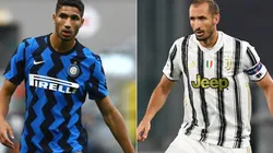 Achraf Hakimi of Inter (left) and Giorgio Chiellini of Juventus (right). (Getty)
