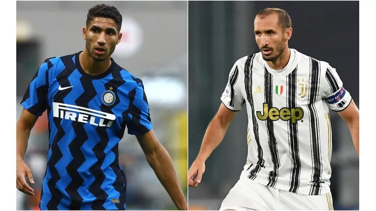 Achraf Hakimi of Inter (left) and Giorgio Chiellini of Juventus (right). (Getty)