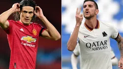 Edinson Cavani of Manchester United (left) and Lorenzo Pellegrini of Roma (right). (Getty)