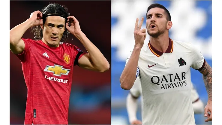 Edinson Cavani of Manchester United (left) and Lorenzo Pellegrini of Roma (right). (Getty)