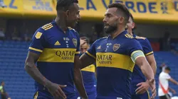 Boca Juniors' Carlos Tevez (right) celebrates with teammate Sebastián Villa (Getty).