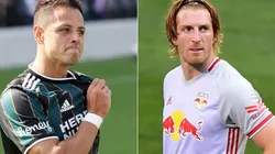 Javier Chicharito Hernandez of Los Angeles Galaxy (left) and Tim Parker of New York Red Bulls (right). (Getty)
