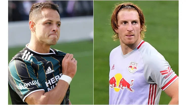 Javier Chicharito Hernandez of Los Angeles Galaxy (left) and Tim Parker of New York Red Bulls (right). (Getty)