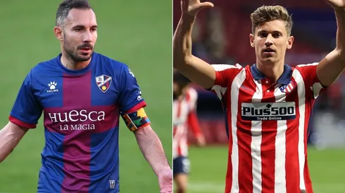 David Ferreiro of Huesca (left) and Marcos Llorente of Atletico Madrid (right). (Getty)