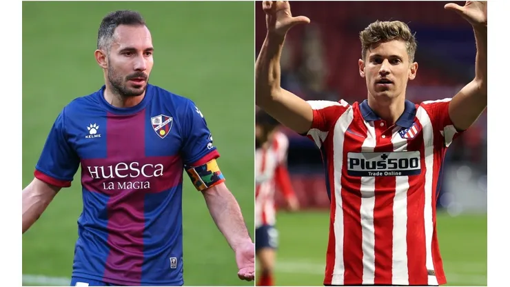David Ferreiro of Huesca (left) and Marcos Llorente of Atletico Madrid (right). (Getty)