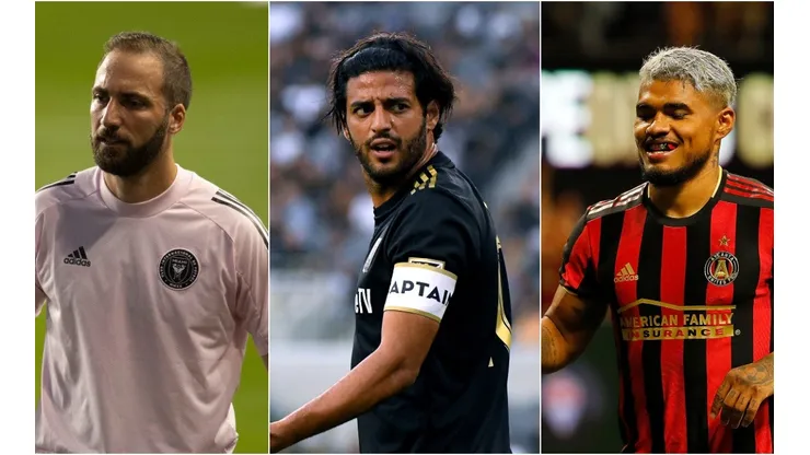 Carlos Vela of LAFC (left),Gonzalo Higuain of Inter Miami (center), and Josef Martinez of Atlanta United (right). (Getty)