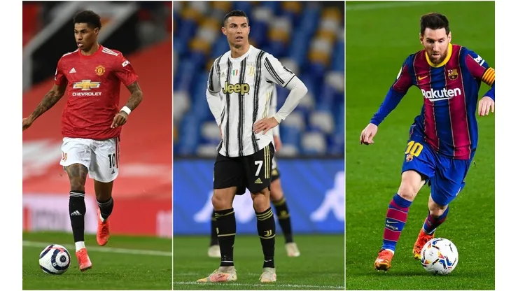 Marcus Rashford (left), Cristiano Ronaldo (Middle) & Lionel Messi. (Getty)