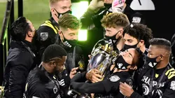 Columbus Crew players celebrate with the MLS Cup. (Getty)