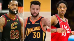 LeBron James (left), Stephen Curry (middle) & DeMar DeRozan. (Getty)