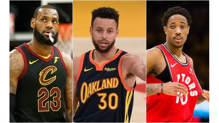 LeBron James (left), Stephen Curry (middle) & DeMar DeRozan. (Getty)