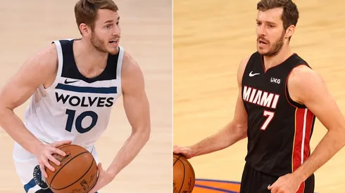 Jake Layman (left) of the Minnesota Timberwolves and Goran Dragic (right) of the Miami Heat. (Getty)