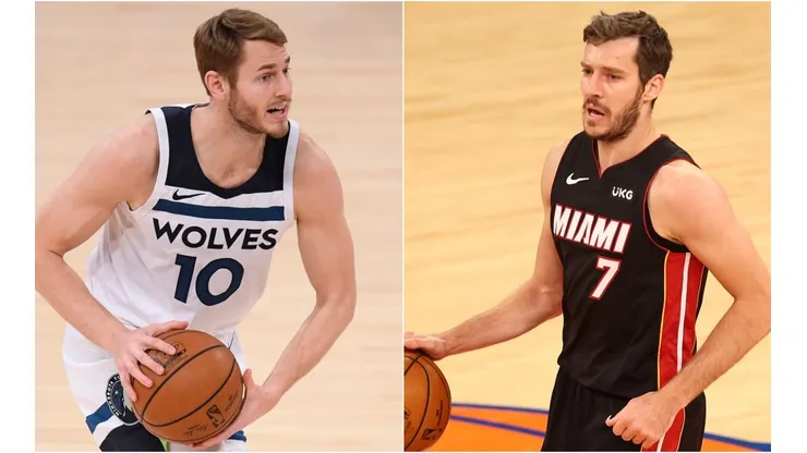 Jake Layman (left) of the Minnesota Timberwolves and Goran Dragic (right) of the Miami Heat. (Getty)
