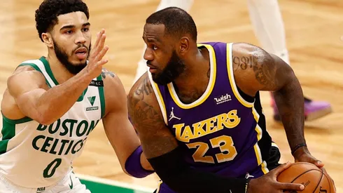 Jayson Tatum (left) of the Boston Celtics defends LeBron James (right) of the Los Angeles Lakers. (Getty)
