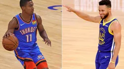 Theo Maledon (left) & Stephen Curry. (Getty)