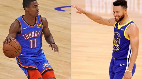 Theo Maledon (left) & Stephen Curry. (Getty)