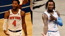 Derrick Rose (left) of the New York Knicks and Ben McLemore (right) of the Los Angeles Lakers.