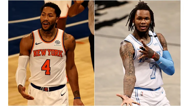 Derrick Rose (left) of the New York Knicks and Ben McLemore (right) of the Los Angeles Lakers.