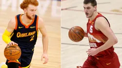 Nico Mannion (left) of the Golden State Warriors and Nikola Jokic (right) of the Denver Nuggets.