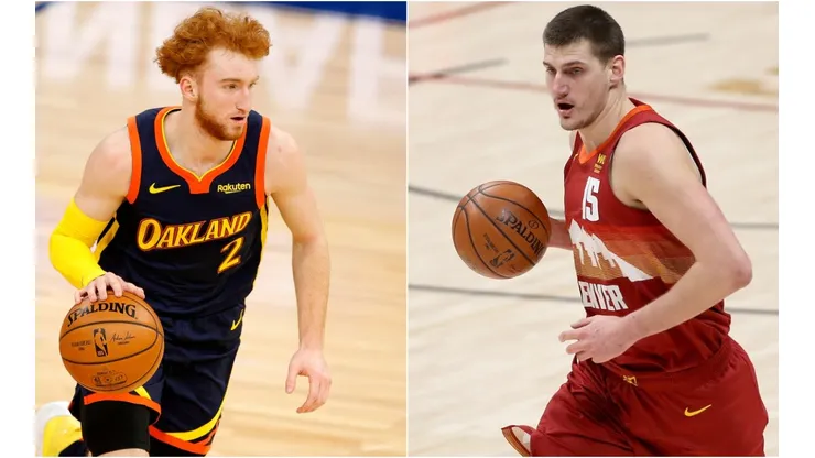 Nico Mannion (left) of the Golden State Warriors and Nikola Jokic (right) of the Denver Nuggets.