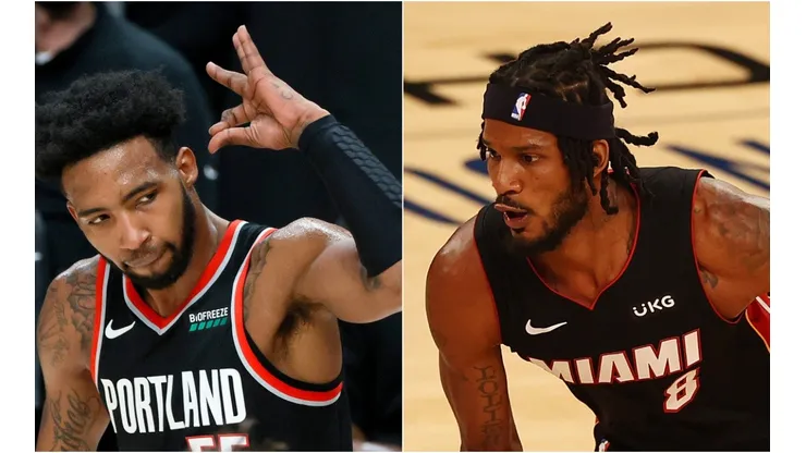 Derrick Jones Jr. (left) of the Portland Trail Blazers and Trevor Ariza (right) of the Miami Heat.