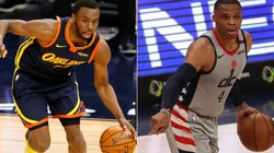 Andrew Wiggins (left) of the Golden State Warriors and Russell Westbrook (right) of the Washington Wizards.