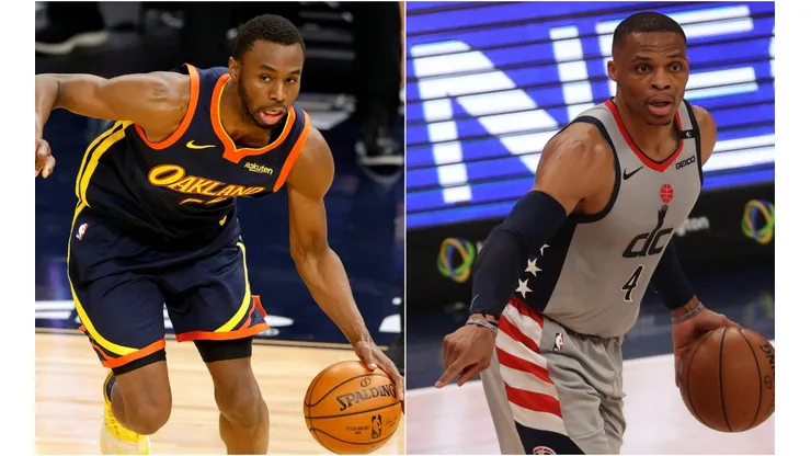 Andrew Wiggins (left) of the Golden State Warriors and Russell Westbrook (right) of the Washington Wizards.