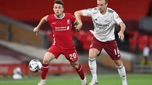 Diogo Jota of Liverpool (left) is challenged by Rob Holding of Arsenal (right).