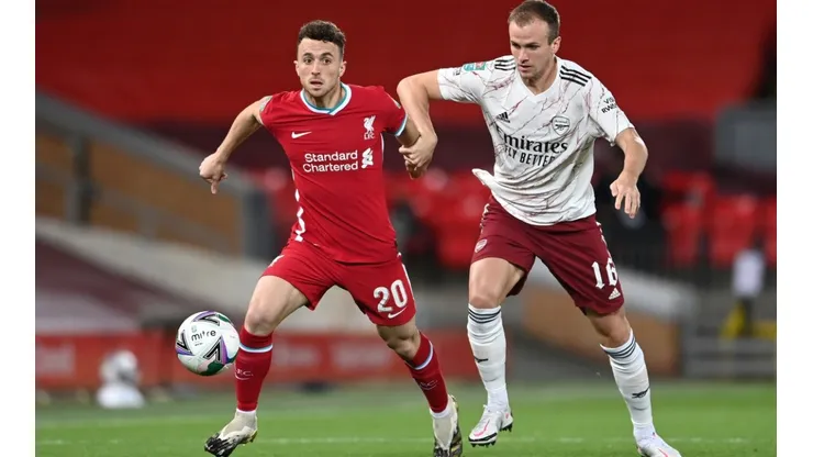 Diogo Jota of Liverpool (left) is challenged by Rob Holding of Arsenal (right).