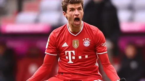 Thomas Muller of Bayern celebrates an assist.